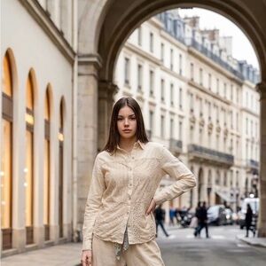 Young Threads -NWT - Neutral Beige Lace-Detail Button-Up Shirt - Women's Top